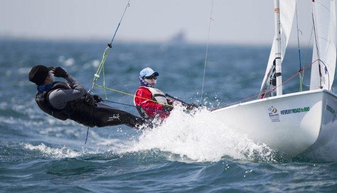 Huimin Feng and Lizhu Huang, CHN, Women's Two Person Dinghy (470) at day two - 2015 ISAF Sailing WC Weymouth and Portland © onEdition http://www.onEdition.com